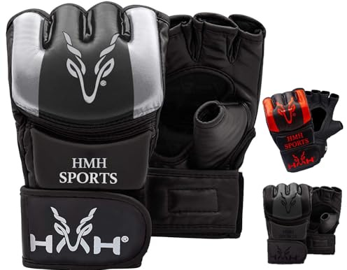 HMH Sports MMA Gloves for Grappling Martial Arts, Open Palm Maya Hide ConvEX Leather Sparring Mitts for Cage Fighting, Kickboxing, Punching Bag, Muay Thai and Combat Training (Silver, Medium)