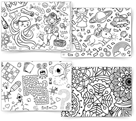 Set di 4 tovaglie di carta da colorare, 4 motivi: Pirati - Fantasia - Mandala - Giochi, Immagini da colorare, Colorare per bambini, Attività per bambini, Idea regalo, Decorazione della tavola