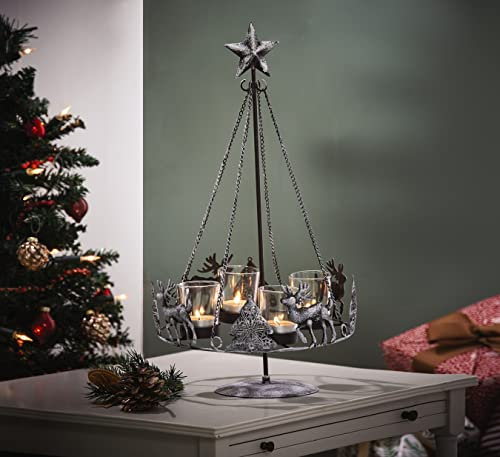 Christmas Centrepiece Tealight Holder - 47 x 25cm Freestanding Metal Xmas Tree & Reindeer Design Candle Holder – Indoor Home Dining Table or Sideboard Festive Decoration