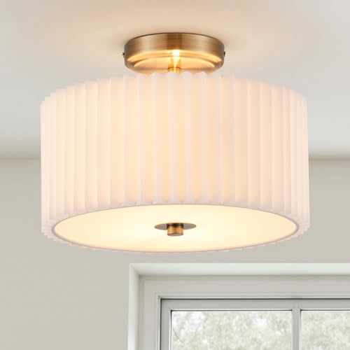 VONLUCE Semi Flush Mount Ceiling Light, 12.2 Ceiling Light Fixture with Pleated Shade, 2-Light Modern Drum Light Fixture for Bedroom Living Room Entryway Hallway, White Shade & Bronze Finish