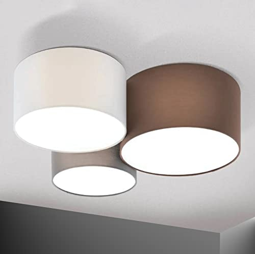TRANGO 3-flg. 3142 Stoffschirm Deckenlampe in Ø 26, 28 & 35 cm *EMA* Farbe Weiß, Braun, Grau inkl. 3x E27 Fassung für LED-Leuchtmittel (nicht enthalten) Deckenstrahler, Textil Deckenleuchte, Bürolampe