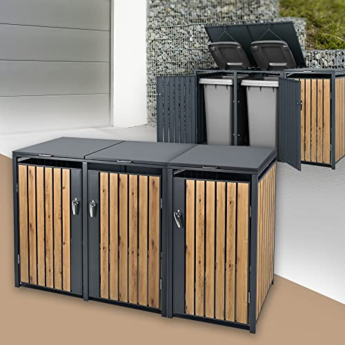 ML-Design Mülltonnenbox 3er 3 Tonnen 240L 200x80x116,3cm Anthrazit-Eichenoptik, Stahl, wetterfest/abschließbar Mülltonnenverkleidung Klappdeckel/3 Türen Müllbox Mülltonnecontainer Mülltonnenabdeckung