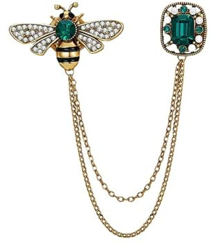 Broche vintage en forme d'abeille pour homme et femme avec cristaux CZ - Épinglette à suspendre - Chaînes à pompons - Broches pour col de chemise, chapeaux, écharpes, cravates, accessoires