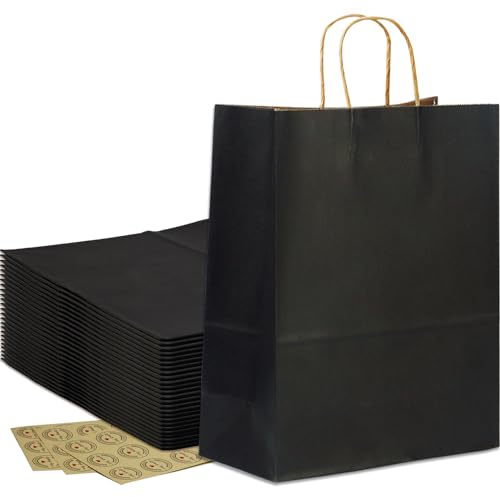 25Pcs Large Black Paper Bags with Handles, HRUISE Paper Gift Bag Includes 36Pcs Stickers, 120GMS Thicken KraftPaper for Birthday Party Favor Shopping Carrier Bag Business Wedding Retail