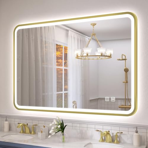 S'bagno Miroir Salle de Bain avec Eclairage 100x70 cm, Miroirs de Salle de Bain avec Cadre Aluminium, Anti-Buée, 3000-6500K, Fonction Mémoire, IP44 Miroir LED Salle de Bain, Horizontal/Vertical, Doré