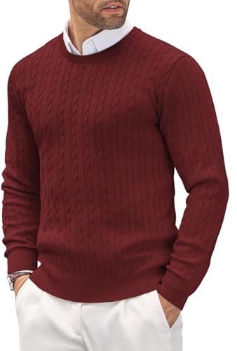 COOFANDY Maglione da Uomo Girocollo Leggero Casual a Maglia Fine con Motivo Testurizzato Rosso Vino XL