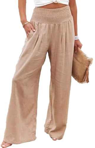 SHEKINI Pantaloni Lino Donna Estivi Pantalone Gamba Larga con Tasche Pantaloni Lunghi da Spiaggia a Vita Alta Eleganti Comodi Casual Pants Pantalone Donna