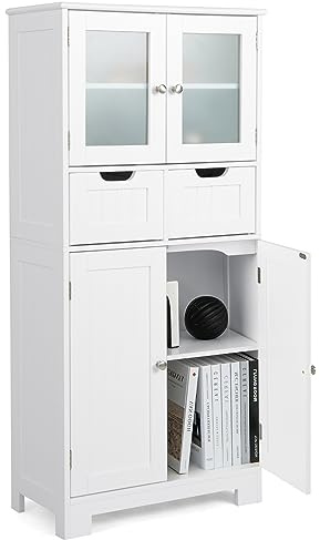 GYMAX Armadietto da Bagno, 60 x 30 x 128 cm, Mobiletto con 1 Armadio a Porte in Vetro Temperato, 2 Cassetti e 1 Armadietto Chiuso, Mobile da Cucina con Ripiano Regolabile (Bianco)