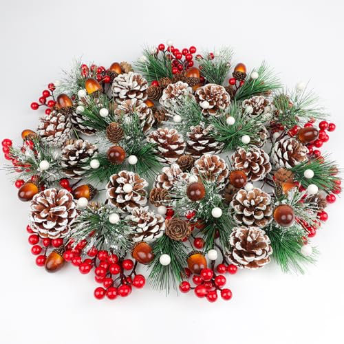 Fangoo 140pcs Christmas Pine Cones Artificial Red Berries Picks Pine Branches acorn for DIY Crafts Christmas Wreath Making Kit Vase Filler Christmas Thanksgiving Home Decoration