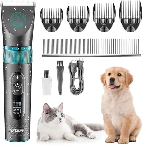 VGR Dog Grooming Clippers Cordless Professional for Thick, Curly Hair/Coats Kit - Pet Trimmer/Shaver - Waterproof - Electric Rechargeable Battery via USB-C - Ceramic Blades - Cat Matted Fur, Puppy