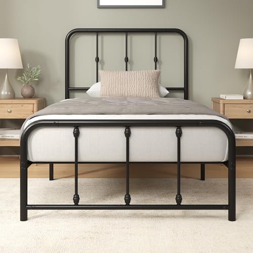 Zinus Florence Bett 90x200 cm – 35 cm hoch – Metallbettgestell mit Kopf- und Fußteil – Bett mit Lattenrost – Bettgestell im Vintage-Design – Stauraum unter dem Bett – Schwarz