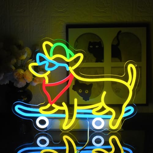 UExnkj-Y Letrero de Neón Perro Luz de Neon Skateboard Dog mascota neon sign alimentado por USB con interruptor regulable tienda de mascotas, habitación, fiesta, decoración de pared señal de neón