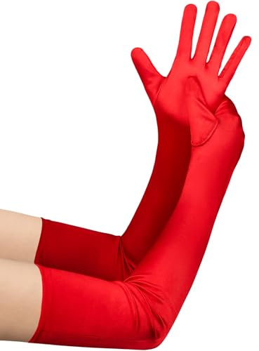 GEBETTER Lange Handschuhe Damen Elegant, Satin klassisch Abendhandschuhe 1920er Handschuhe für Frauen Mädchen Classic Oper Party Halloween Karneval Fasching Fest Kostüm Satinhandschuhe (Rot, 55 cm)