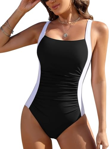 Vijamiy Swimming Costume Women Tummy Control Swimsuit Ladies Push Up Padded One Piece Swimwear Plus Size Colour Blocking Beach Pool(Black,XL)
