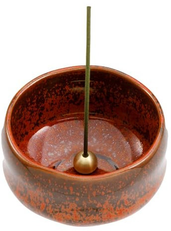 Asayu Japan Mini Portaincenso Arancione per Bastoncini, Fatto in Giappone, Cattura-cenere in Ceramica e Set Brucia-incenso in Ottone - Arancione