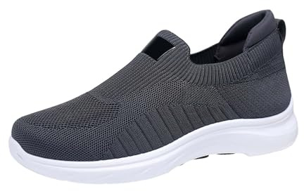 Luftkudde slip-on ortopediska promenadskor herr herr loafer träningsskor andningsbara bågstöd sneakers halkfria sko bekväm enkel att bära tränare för plantar fasciit smärtlindring, Grå, 42 EU