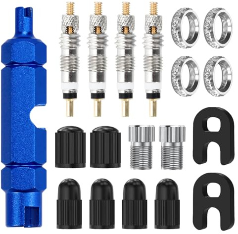 Juego de 17 válvulas para bicicleta, núcleo de válvula Presta, adaptador de tornillos de válvula francesa, herramienta con tapas protectoras, juego completo para bicicletas y bicicletas de montaña (17
