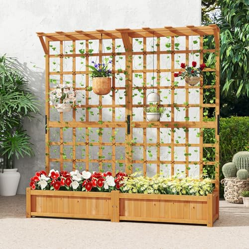 COSTWAY Blumenkasten mit Rankgitter & Dach, Pflanzkasten Tannenholz, Pflanzkübel mit Sichtschutz, Hochbeet mit Spalier, Drainagelöchern & Seil, Rankhilfe Garten Terrasse, 180x48x183cm, Orange