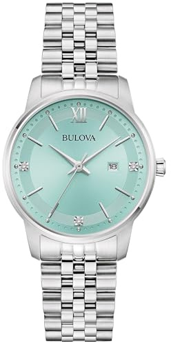 Bulova Ladies Quartz Dress Classic Watch, Silver-Tone Stainless Steel Bracelet, Aqua Dial, Calendar Style: 96P259