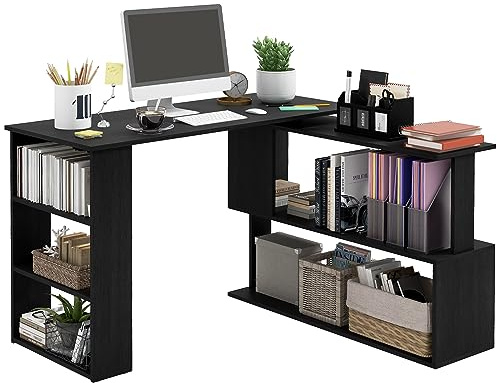HOMCOM Escritorio Esquinero Giratorio, 120x110 cm, Escritorio en L, Mesa de Escritorio con Estantes, para Oficina en Casa, Estudio, Hogar, Negro