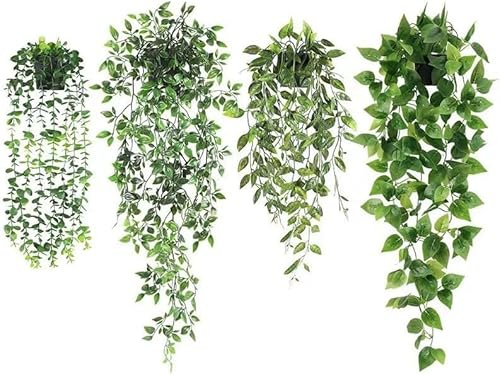 Seven-Flower Artificial Hanging Plants Indoor Set of 4 with Black Pots, Fake Ivy for Home Room Shelf Bathroom Office Decor, Decorative Home Accessories