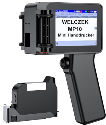 WELCZEK MP10 Mini Imprimante Portable avec Encre à Séchage Rapide, Imprimante à Jet d'encre Portative pour Étiquettes - Imprime Code-Barres, QR, Logo, Date & Numéro de Lot (MP10 Machine)