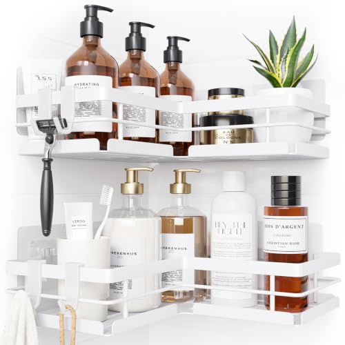 Kitsure Corner Shower Caddy – 2-Pack Adhesive Bathroom Shelves, White, L | Quick Drain Design, Strong Adhesive, No-Drill Installation,Bathroom storage, Rustproof Finish for Kitchen & Laundry