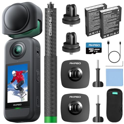 AKASO 360 Snow Adventure Combo, 360° Action Camera with 5.7K 360° Video, 72MP Photo, SuperSmooth Stabilization, Horizon Lock, AI Tracking, Invisible Selfie Stick, Touchscreen, 128GB microSD Card