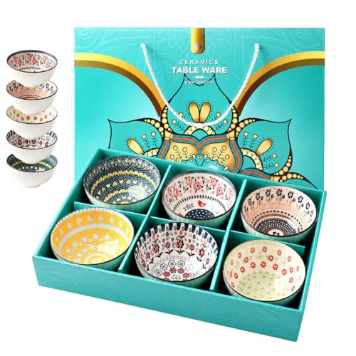 Topsky Set di 6 ciotole in ceramica bohemien con scatola regalo, ciotole decorative piccole da 400 ml/13,5 once per zuppa, gelato - Stoviglie impilabili colorate, adatte al microonde e alla