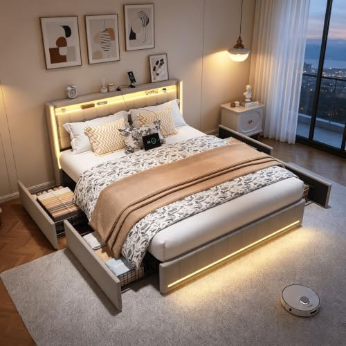 Lit Double 140x200cm avec LED et USB, Lit Rembourré avec 4 Tiroirs de Rangement, Cadre de Lit Moderne 2 Places pour Chambre Adulte et Adolescent,Beige Lin