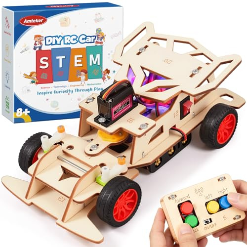 Amteker DIY Remote Control Car Building Kit for Kids Age 8-12, Wooden Engineering Science Toy for 8 Year Old Boy Back to School Gifts, Rc Drift Car with Self-Centering Steering Build & Race Boys Gifts