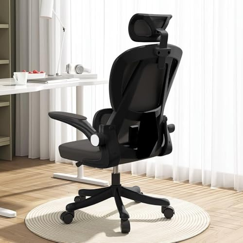 HDHNBA Office Chair Mesh Desk Chair,Ergonomic High-Back Rolling Gaming Work Chairs with Wheels and Adjustable Headrests,Comfortable Flip-up Arms for Home,Bedroom,Study Gaming(Black)