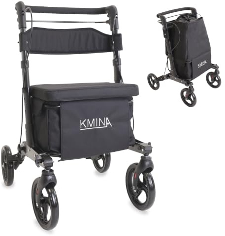 KMINA Chariot de Courses avec Siège, Poussette de Marché Pliable | Déambulateur 4 Roues avec Dossier, Sac Extensible de 28 à 60 L, Guidon Réglable 83 à 93 cm, Frein à une Main