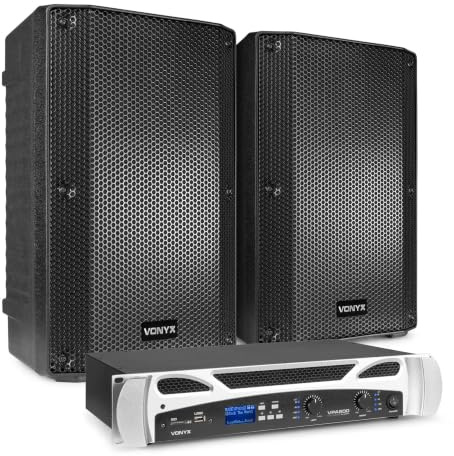 Vonyx VSA10P Pack PA Pasivo - 2 Altavoces 10 Pulgadas, Amplificador VPA600 Bluetooth 2x300W, 2 Cables Speakon NL2 5 m, Equipo Sonido para DJ, Eventos y sonorización Profesional