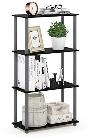 Furinno TURN-N-TUBE Storage Shelves, 4-Tier Toolless Book Shelf, Corner Shelf, Toolless Open Shelves, for Organization and Storage, Living Room, Garage, Home Office, Black