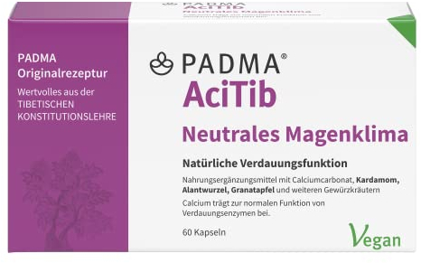 PADMA AciTib – Scharf oder hektisch gegessen? Natürliches Nahrungsergänzungsmittel - unterstützt neutrales Magenklima - mit naturbelassenen Kräutern & Calcium. 60 Kapseln, laktose- & glutenfrei, vegan