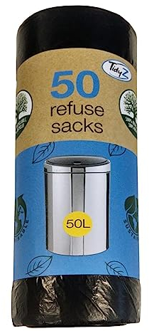 Tidyz Extra Strong 50 Black Refuse Sacks Bin Bags, 50L