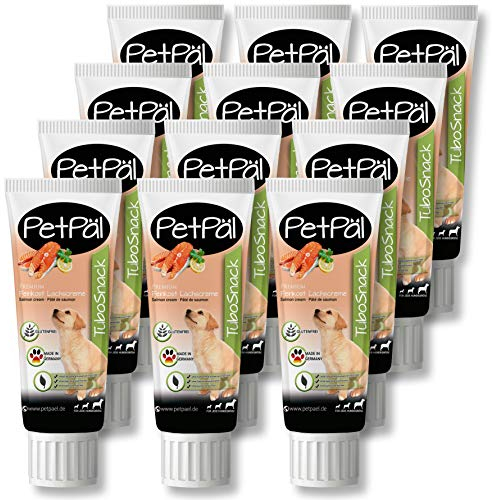 PetPäl Saucisse pour Chiens TuboSnack - Lot de 12: Crème de Saumon en Tube - Premium Friandise naturellement délicieuses sans Céréales, Sucre, Sel - Aussi pour Les Chiots - Made in Germany