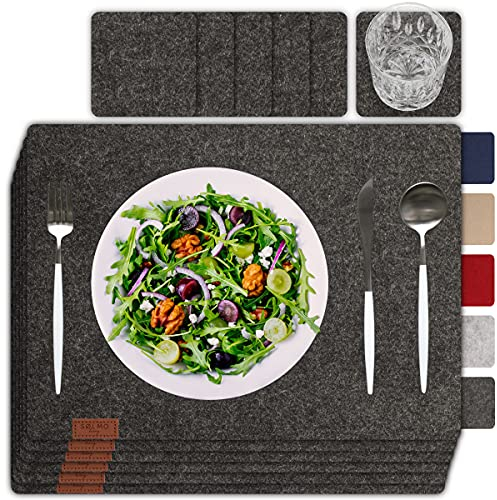 Sölmo 12er Premium Filz Tischset - Platzset Abwaschbar für Esstische - Dunkelgrau Platzdeckchen Set mit Filzuntersetzer für Teller und Gläser - Schutz vor Kratzern Ideal für Holztische - 42x32 cm