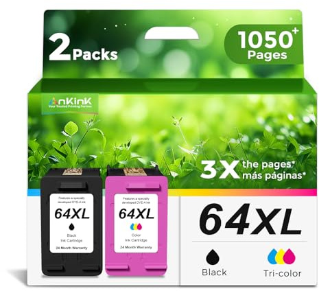 64XL Ink Cartridges Replacement for HP 64 Ink XL (Black Color 2-Pack) HP64 HP64xl use with 7858 7855 7120 7155 7158 7164 6255 6252 6232 Envy Inspire 7955e Tango X Printers Combo