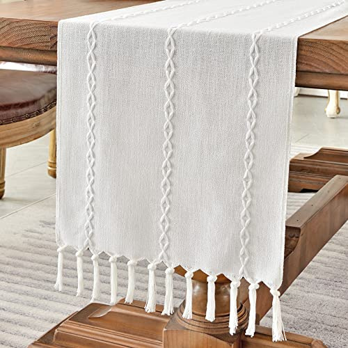 Wracra Cotton Linen White Table Runner, Modern Rustic Table Runners | 33 × 275 cm, Boho Table Runner, Washable, Embroidered, Heat-resistant, Thick and Sturdy, Dining Room, Home Decor