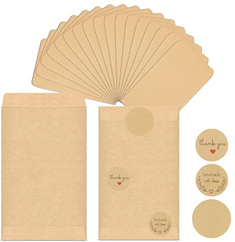Hotipine 100pz Mini sacchetti di carta kraft piccoli marroni + 300pz Adesivi, Vintage Buste Sacchetto Regalo per Caramelle semi biglietti di Natale Matrimonio Bomboniere Confetti (16.5x10CM,120 gsm)