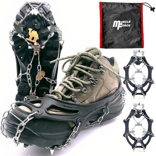 MuscleForge stegjärn för vandring och bergsbestigning med 8/19 taggar, snökedjor för skor, grödling vandring av rostfritt stål, berg kramponger med 8/19 spikar för snö, storlek M/L/XL