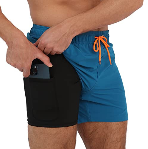 Arcweg Herren Badehose mit Kompression Badeshorts 2 in 1 Schnelltrocknend Schwimmhose 5.5 Badeshorts mit Innenhose Reißverschlusstasche Badehose S - XXL Dunkelblau XL(EU)