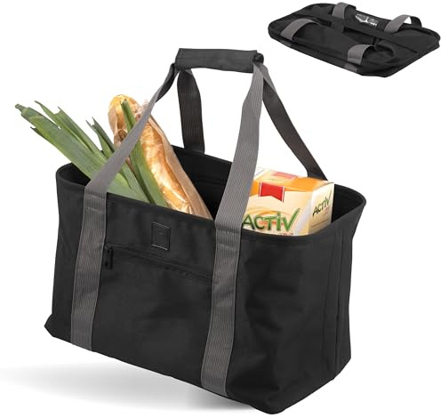 eluno Cesta de la compra plegable, ahorra espacio, estable, base reforzada, cesta de pícnic, poliéster impermeable, color negro, Negro , Minimalista