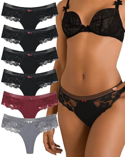 Levao Lot de 6 String Coton Femme Sexy Tanga Bikini Dentelle Culotte Stretch Hipster Confortable Panties sous-vêtements S-XL