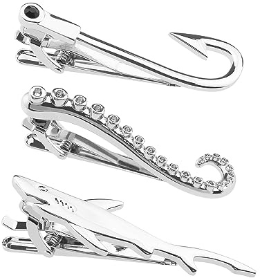 SG Store Set con 3 fermacravatta argentati, gancio da pesce, fermacravatta a forma di polpo, a forma di squalo, accessori per abbigliamento per uomini e ragazzi, rame
