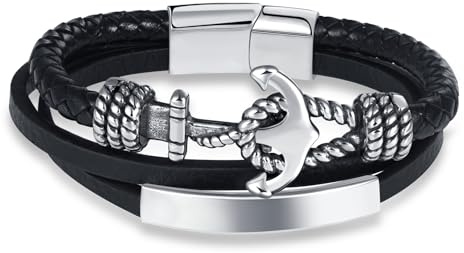 INFINIONLY Moda Negro Pulsera Trenzada de Cuero Multicapa con Ancla de Acero Inoxidable para Hombre Adolescentes Pulseras Charms para Niño