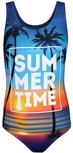 Aquarti Badeanzug Mädchen – Sportlicher Mädchen Badeanzug mit Ringerrücken Print, Farbe: Summer/Time/Dunkelblau/Orange/Lila, Größe: 152