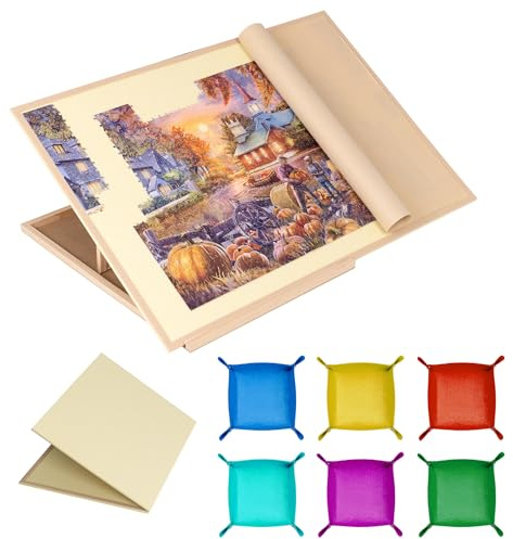 Tektalk Tablero de Rompecabezas Plegable con Soporte Ajustable de 4 ángulos, Meseta portátil Ligera con Caballete de Madera, Mesa de Rompecabezas Plegable de Fieltro, para hasta 1500 Piezas (Beige)